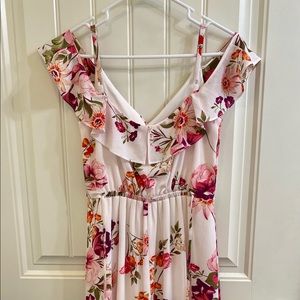 Pink flora print, high-low dress